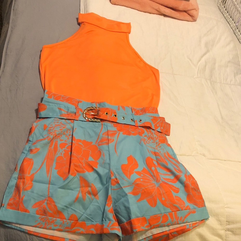 Tropical Bloom High Waist Shorts - Orange and Blue